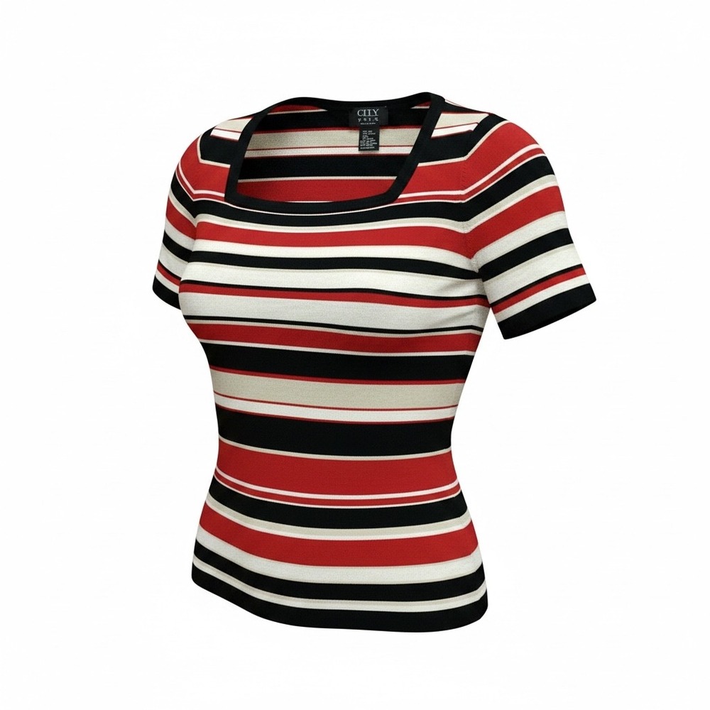 City Silk Knitwear Womens Large Red Black Striped Silk Cotton Short Sleeve Top